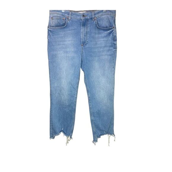 ZARA Distressed High Rise Cropped Straight Leg Jeans Raw Hem 5 pockets 12 #2794 - Picture 1 of 12